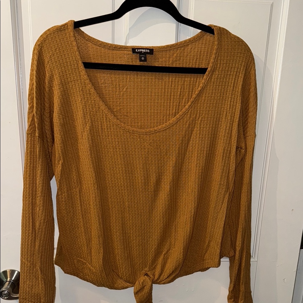 Express Yellow Ribbed Tie Front Long Sleeve Blouse